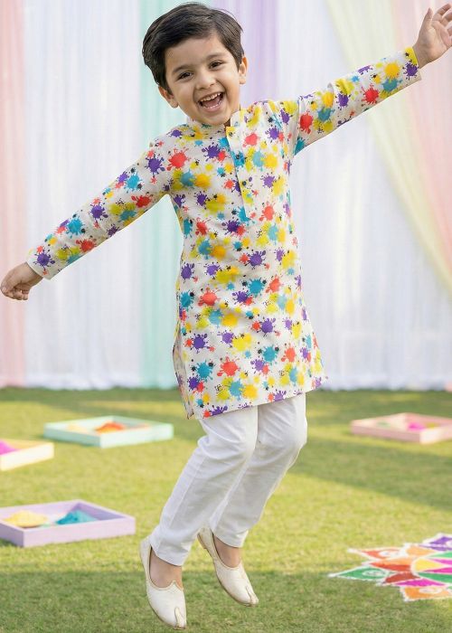 White Cotton Kids Kurta Pant With Digital print