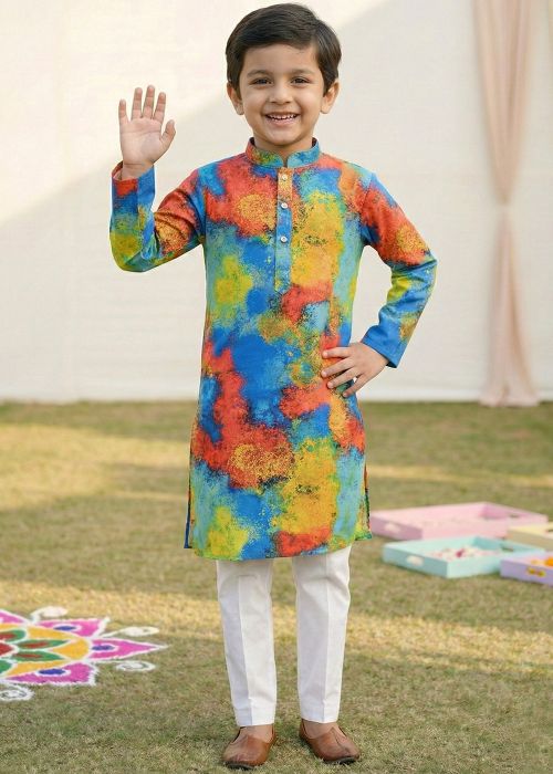 Blue Cotton Kids Kurta Pant With Digital Print