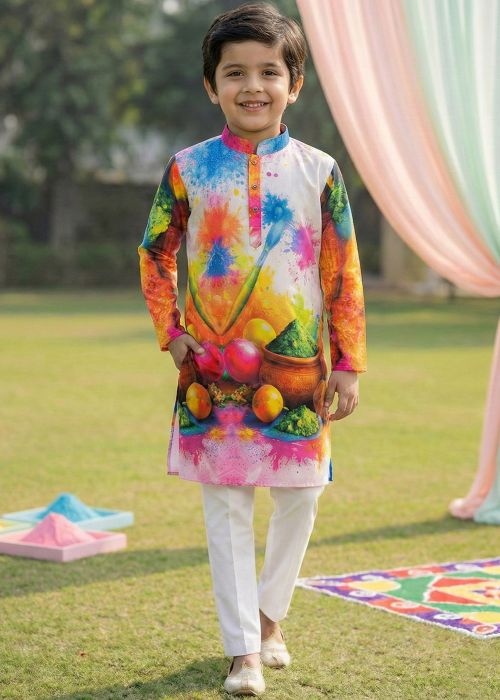 White Cotton Kids Kurta Pant With Digital Print