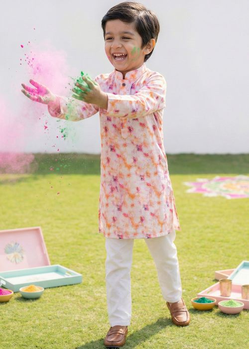 Peach Tie-Dye Cotton Kids Kurta Pant