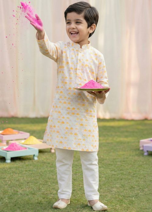Cream Digital Print Cotton Kids Kurta Pant