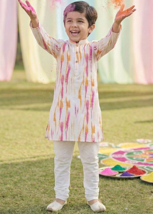 White Tie-Dye Print Cotton Kids Kurta Pant Set