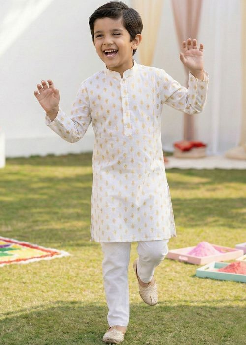 White Cotton Kids Kurta Set With Digital Print