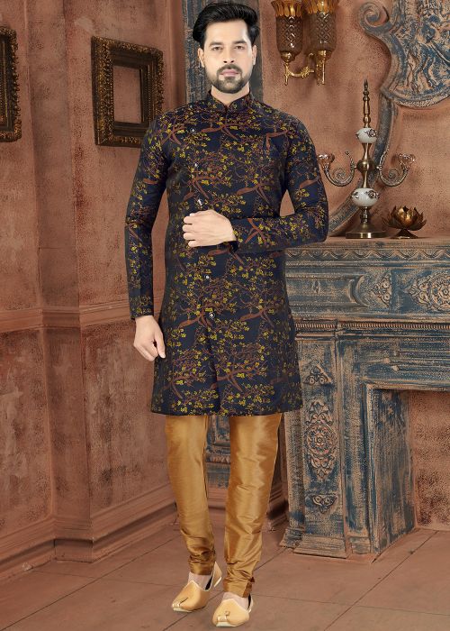 Navy Blue Floral Printed Asymmetric Sherwani Dhoti Set