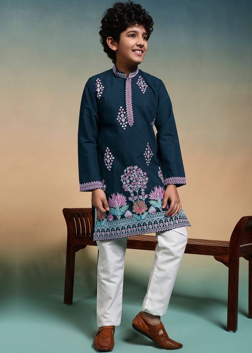 Teal Blue Kids Kurta Pajama With Floral Hem