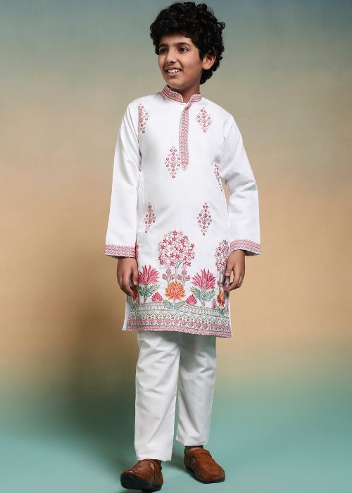 White Kids Kurta Pajama With Thread Work