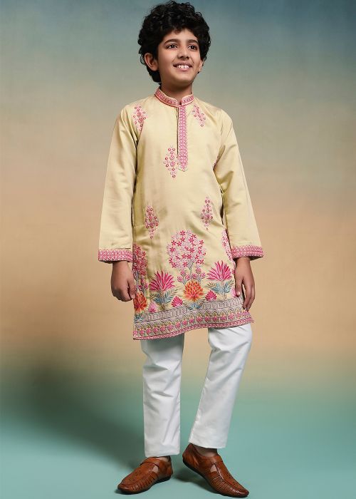 Beige Kids Kurta Pajama With Floral Border Work