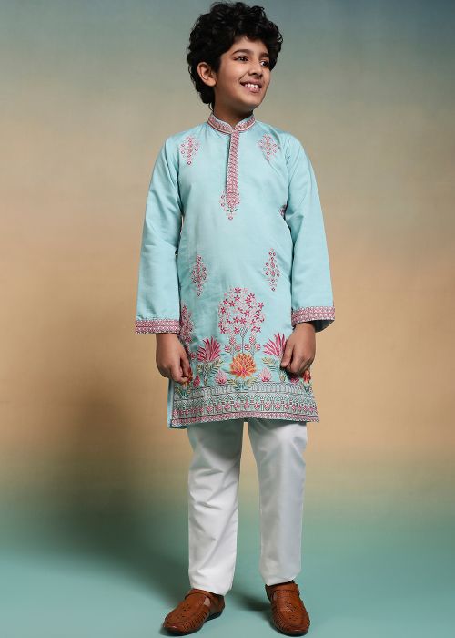 Sky Blue Kids Kurta Pajama With Pastel Embroidery