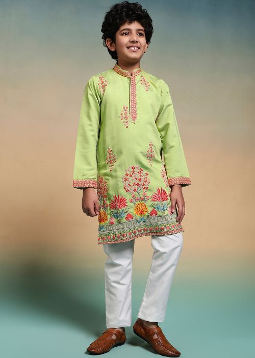 Green Kids Kurta Pajama With Floral Embroidery