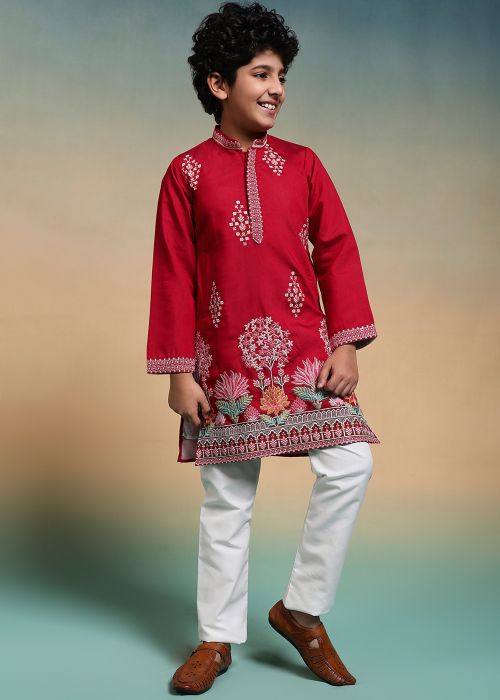 Red Kids Kurta Pajama With Floral Work