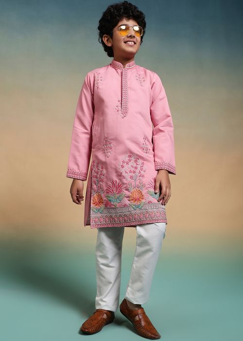 Pink Kids Kurta Pajama With Thread Embroidery