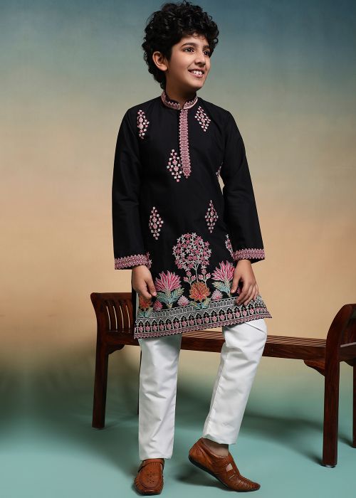 Black Kids Kurta Pajama With Multicolor Hem