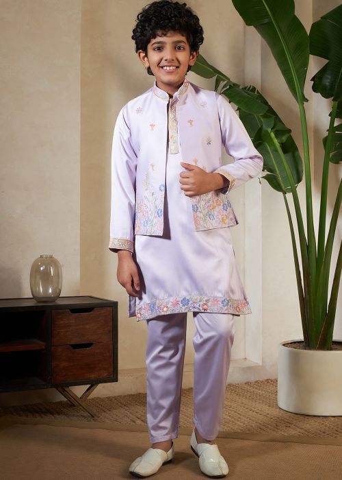 Lavender Satin Kids Kurta Pajama With Jacket