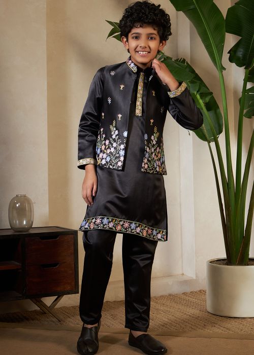 Black Satin Kids Kurta Pajama With Floral Jacket