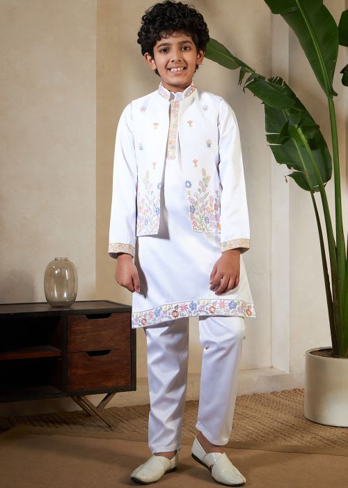White Satin Kids Kurta Pajama With Printed Jacket