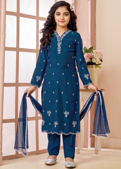 Navy Blue Kids Salwar Suit With Floral Embroidery
