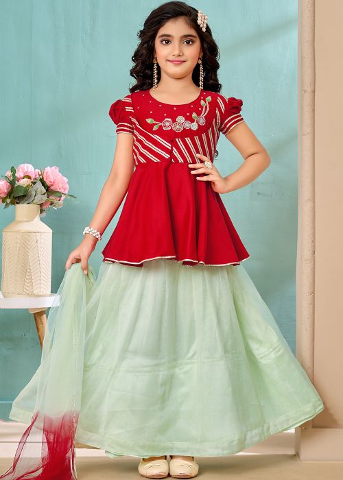 Red Kids Lehenga Choli With Floral Work