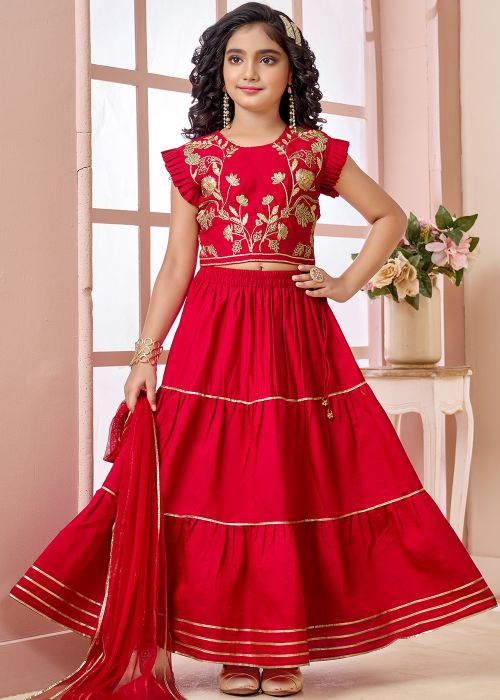 Red Kids Lehenga Choli With Gold Floral Work