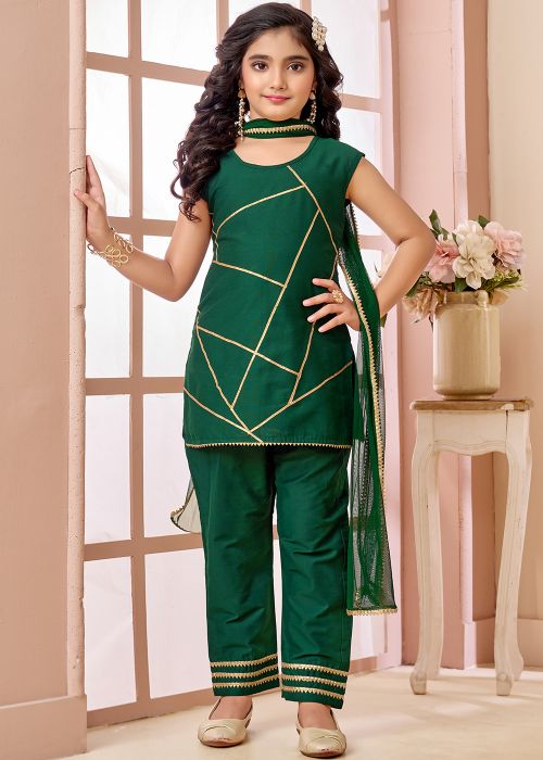Green Kids Salwar Suit With Geometric Trim