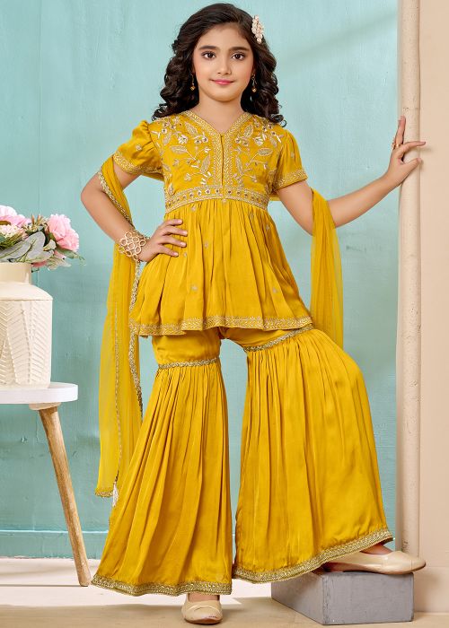 Yellow Kids Sharara Suit With Sequin Work
