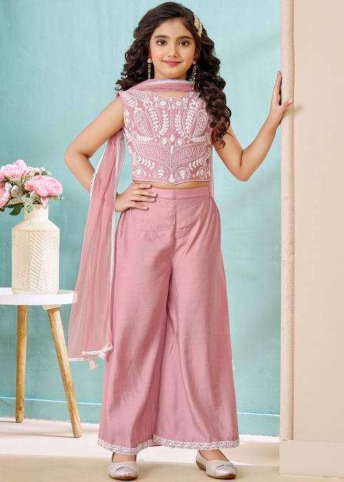 Pink Kids Palazzo Suit With Thread Embroidery