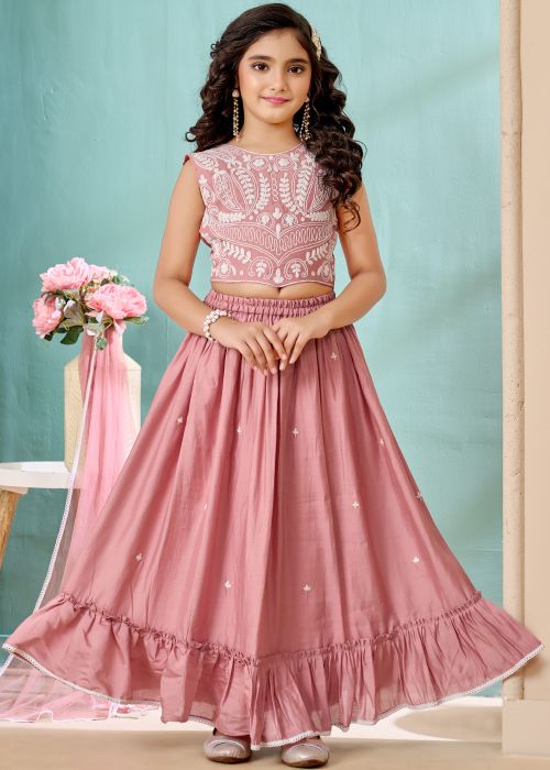 Dusty Pink Kids Lehenga Choli With Thread Work