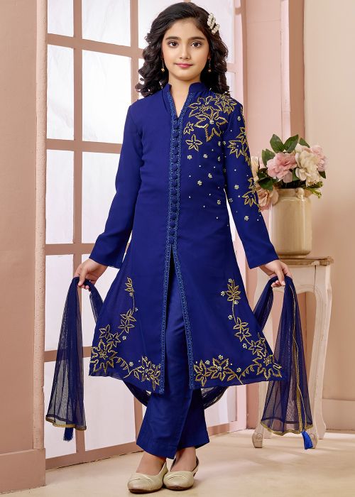 Royal Blue Kids Suit With Front Panel Embroidery