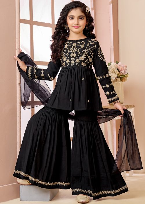 Black Kids Sharara Suit With Gold Embroidery