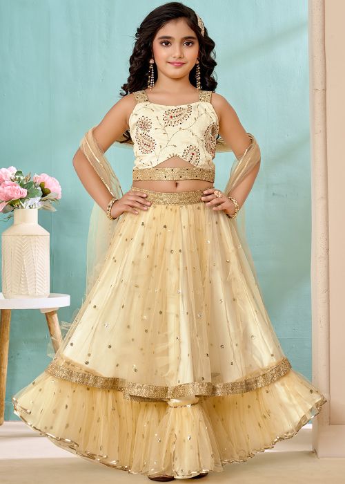 Cream Kids Lehenga Choli With Sequin Detailing