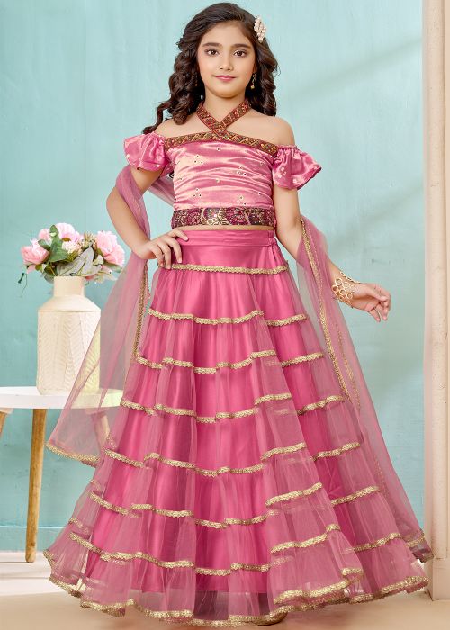Rose Pink Kids Lehenga Choli With Tiered Flare