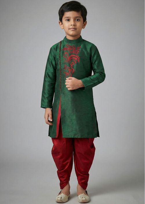Bottle Green Kids Kurta With Maroon Dhoti Set