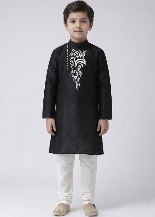 Black Art Silk Kids Kurta Pajama Set