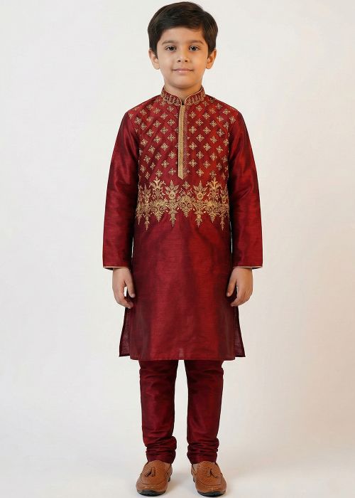 Maroon Kids Kurta Pajama With Gold Detailing