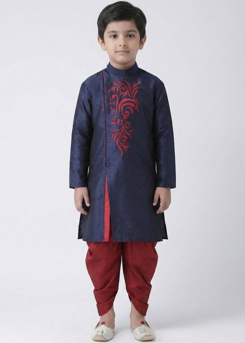 Kids Navy Blue Kurta With Maroon Dhoti Set