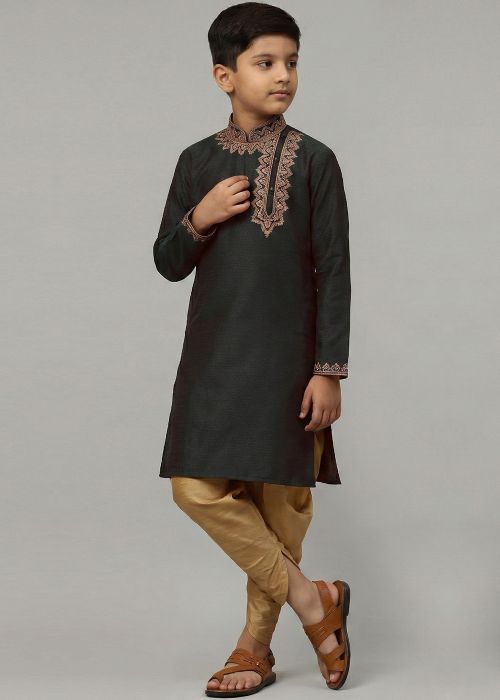 Kids Black Kurta With Dhoti In Art Silk