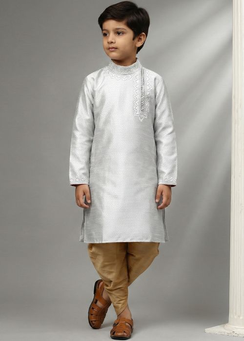 Grey Kurta With Gold Dhoti Set In Art Silk