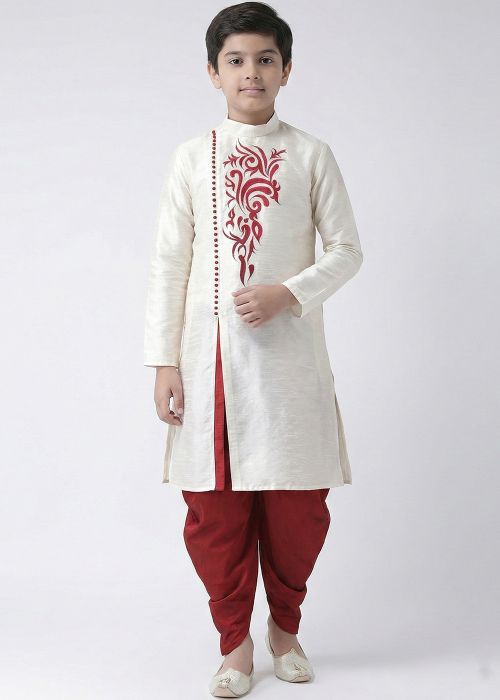 White Kids Kurta With Maroon Dhoti Set In Art Silk