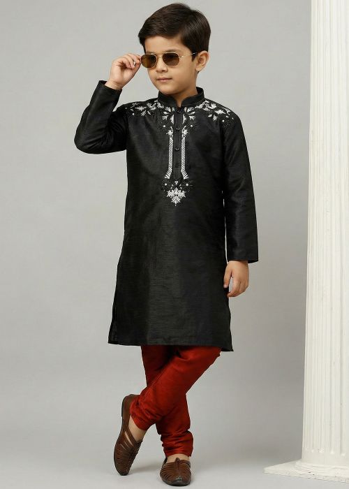 Black Kids Kurta Pajama With Silver Motif
