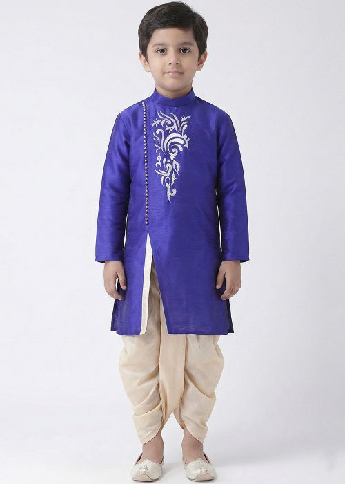 Royal Blue Kurta With Cream Dhoti Set In Art Silk