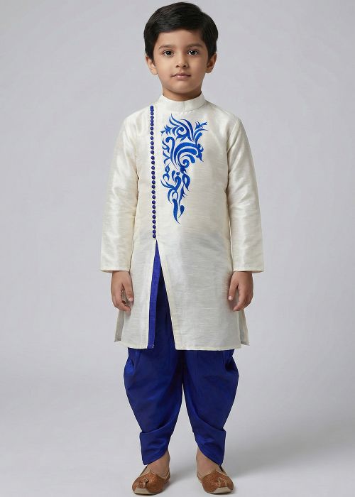 Kids White Kurta With Royal Blue Dhoti Set