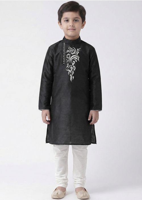 Black Kids Kurta Pajama With Silver Accent