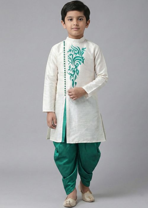 White Kurta With Sea Green Dhoti Set In Art Silk