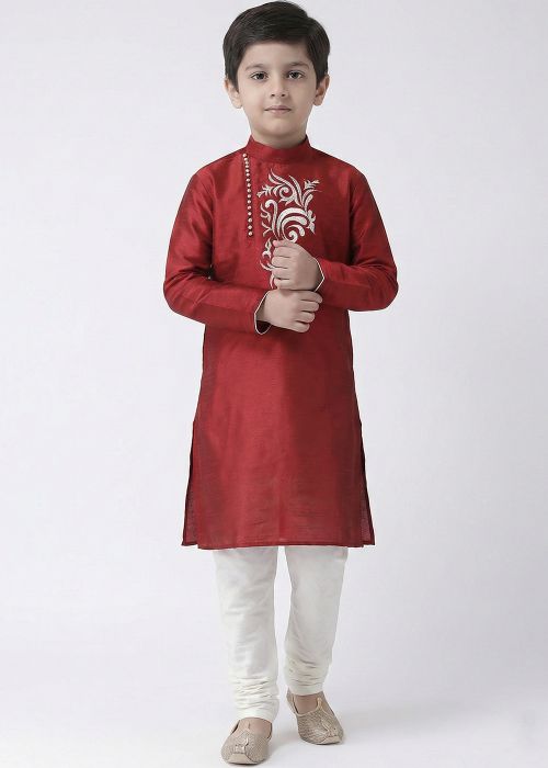 Maroon Kids Kurta Pajama With White Motif