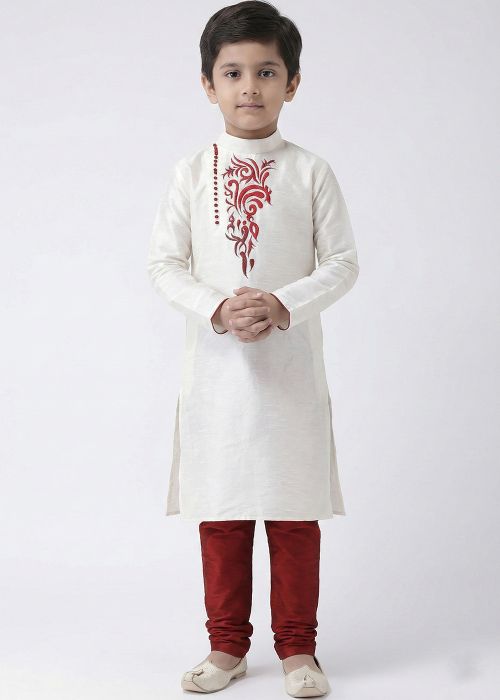White Kids Kurta Pajama With Red Motif