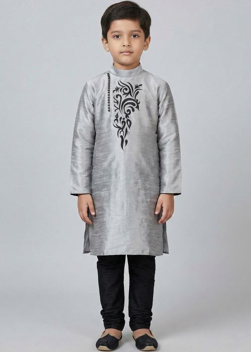 Grey Kids Kurta Pajama With Black Motif