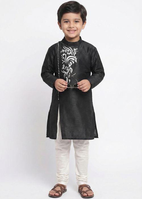 Black Kids Kurta Pajama With White Embroidery