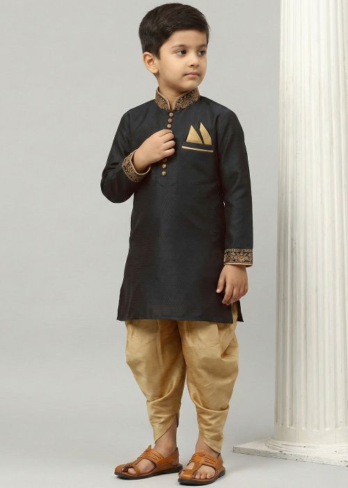 Black Kids Kurta With Gold Dhoti Set In Art Silk