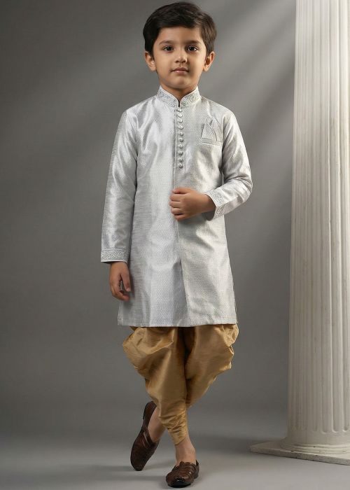 Grey Kids Kurta With Gold Dhoti Set In Art Silk