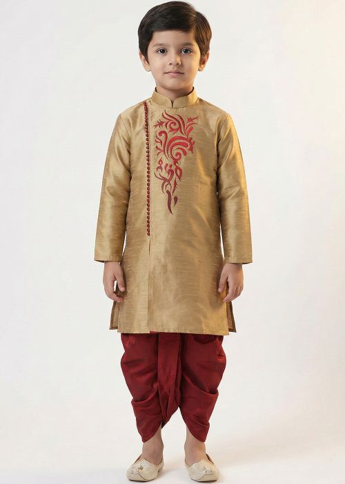 Gold Art Silk Kids Dhoti Kurta Set