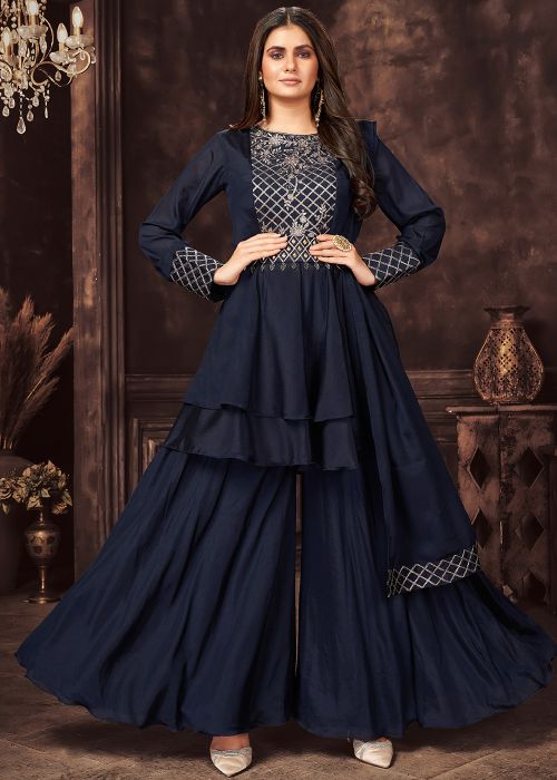 Blue Readymade Embroidered Sharara Suit Set